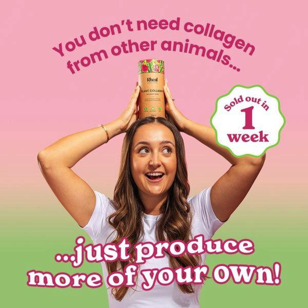 A customer holds a plant collagen canister over her head with a bold text overlay challenging animal-based collagen industry standards.